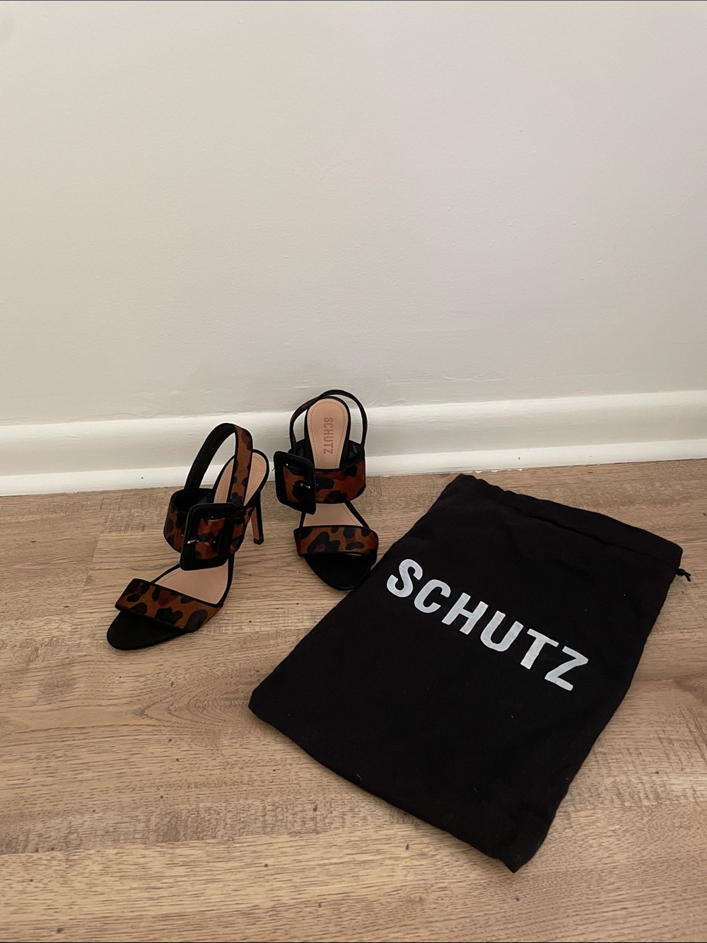 SCHUTZ Leopard-Print Strappy Stiletto Sandals in Brown and Black